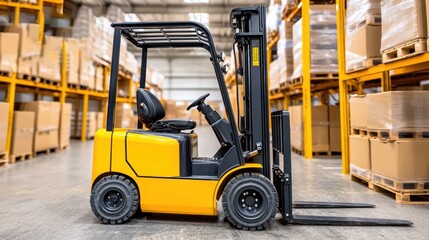 Yellow Forklift Transporting Cargo in Organized Warehouse