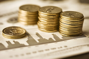 Visual representation of financial growth through upward trends, coins, and dollar signs for successful investments.