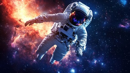 Astronaut floating in space amidst colorful cosmic explosions and stars