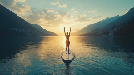 A person practicing yoga on a paddleboard, balancing on water while staying focused on their practice