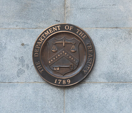 Close up of the Treasury Department sign in Washington