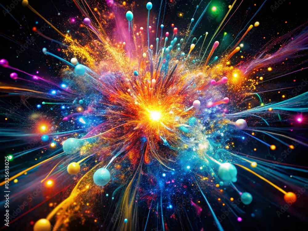 Poster vibrant abstract explosion of glowing particles and flowing lines in dark background for energy and 