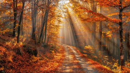 Sunbeams through Autumn Forest