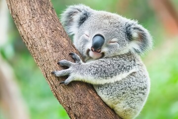 Sleepy koala cuddling tree in peaceful