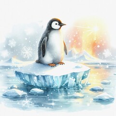 Obraz premium Watercolor illustration of cute penguin on an ice floe. Cozy winter poster. 