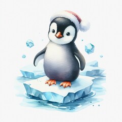 Fototapeta premium Watercolor illustration of cute penguin on an ice floe. Cozy winter poster. 