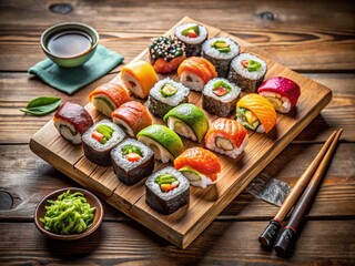 AI-Generated Nigirizushi on Wooden Cutting Board with Copy Space for Culinary Designs