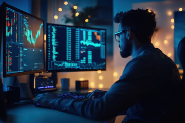 Focused financial trader analyzing data on multiple computer screens