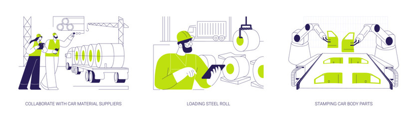 Press shop in automotive industry abstract concept vector illustrations.