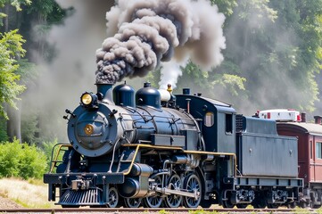 Fototapeta premium A Festive Steam Locomotive Moving Through a Snowy Scene During the Winter Holiday Season