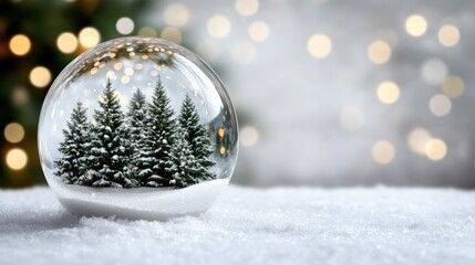 A tranquil snowy day is depicted through a crystal ball, showcasing a serene landscape of trees, snow-covered roads, and bright sky reflections