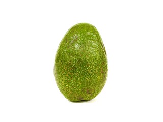 A single unpeeled whole organic fresh and ripe green avocado fruit isolated on white background