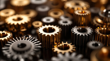 Gears in various sizes and colors create visually striking arrangement, showcasing intricate designs and metallic textures. interplay of light highlights their craftsmanship and engineering beauty