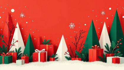 Festive Christmas gifts and trees on red background