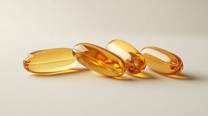 Fish oil omega 3 gel capsules on white background.	
