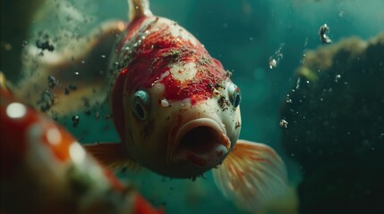 A close-up of colorful koi fish swimming in a traditional Japanese garden pond.