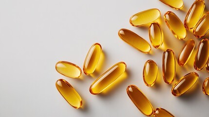 Fish oil omega 3 gel capsules on white background.	

