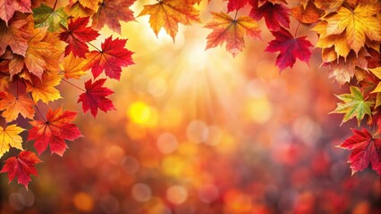 Fototapeta premium A vibrant tapestry of red, orange, and yellow leaves frames a softly blurred background, capturing the essence of a beautiful autumn day.