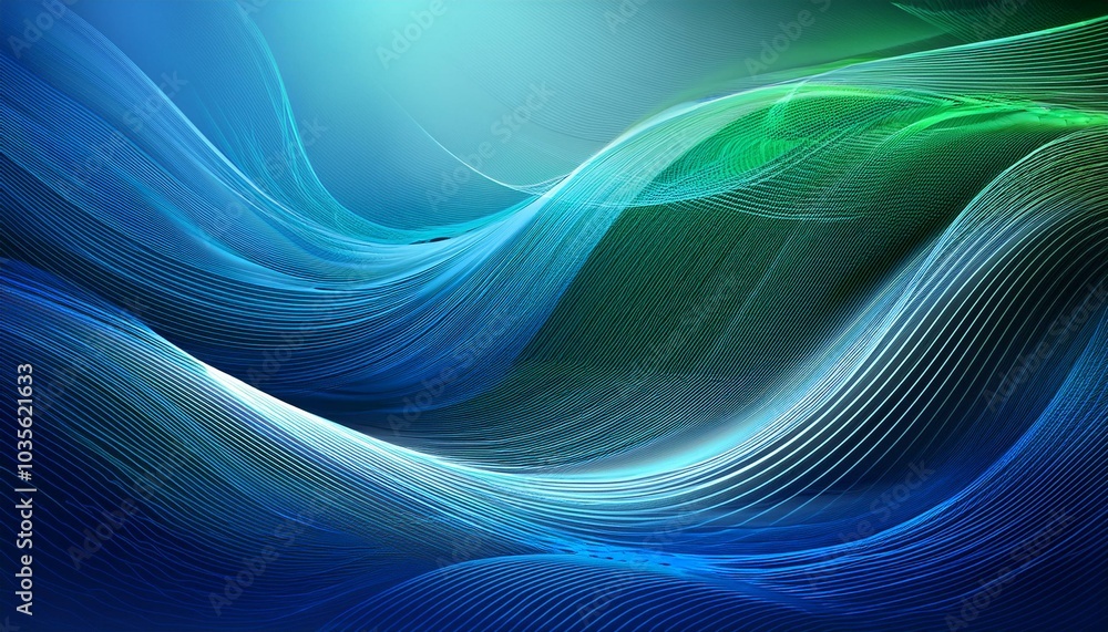 Poster create an abstract background featuring flowing wave pattern in shades of blue and green.