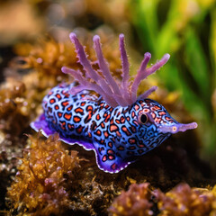 Nudibranquio púrpura con puntos blancos y detalles amarillos, deslizándose sobre un lecho marino con algas.