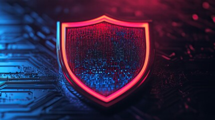 Digital shield design on a circuit background, glowing effects with vibrant colors.