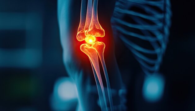 Detailed x-ray image of a human knee joint highlighting the cartilage and bone structure.