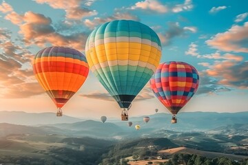 Fototapeta premium Colorful Hot Air Balloons Soaring Over Scenic Mountains at Sunset