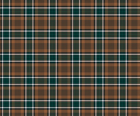 Plaid fabric pattern, brown, green, white, navy, seamless for textile and design clothes skirt pants apron tablecloth blanket or decoration. Vector illustration.
