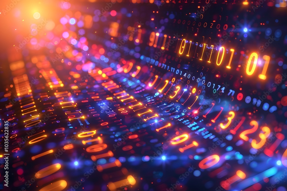 Poster vibrant digital data stream with binary code and colorful lights