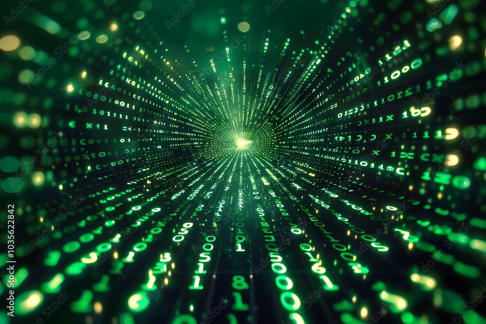 Poster a glimpse into the digital abyss: a tunnel of green binary code