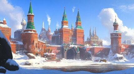 Fototapeta premium A snowy view of the Kremlin in Kazan, with its colorful towers and historic structures.