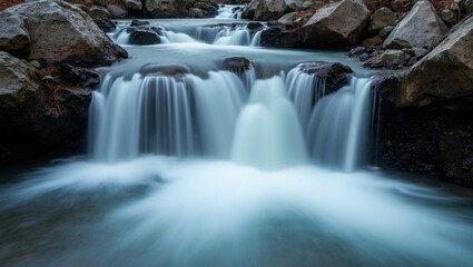 Fototapeta premium Tranquil waterfall cascading over rocks in long exposure shot