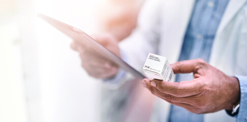 Man, hands and tablet with pills for inventory, checking stock or inspection at clinic store. Hand of male person or medical expert with technology and medication for pharmaceutical prescription