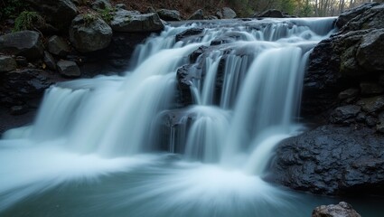 Fototapeta premium Tranquil waterfall cascading over rocks in long exposure shot