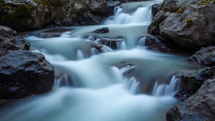 Fototapeta premium Tranquil waterfall cascading over rocks in long exposure shot