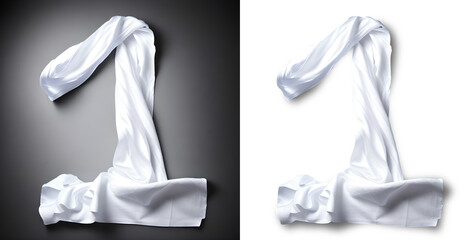 Number one in fabric cloth design PNG image.Pure white colored fabric cloth damped and twisted with soft shadows, best for clothing related graphic projects and posters.Icon