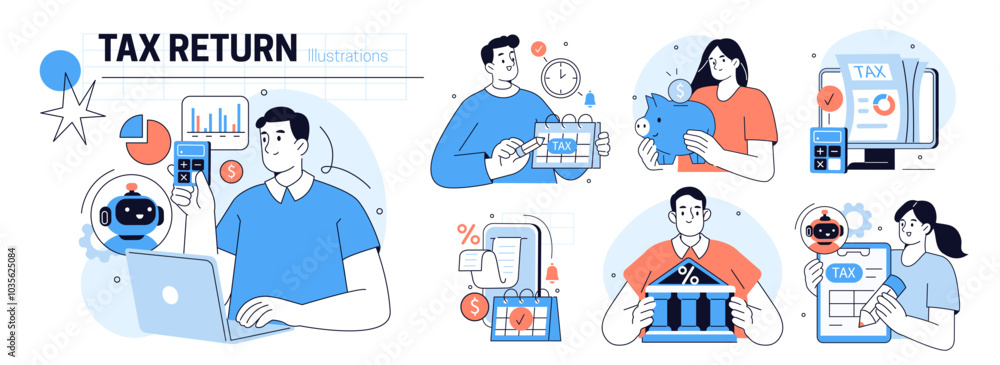 Aufkleber ai technology in finance and accounting set. collection of characters preparing automated tax return