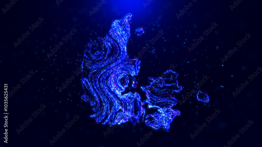 Poster abstract denmark map design, featuring glowing blue hairlines, dynamic flowing patterns, and scatter