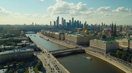 Obraz premium Aerial view of Moscow city skyline with the towering Moscow City skyscrapers and historical buildings.