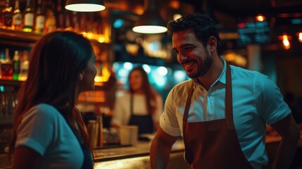 Latino man in an apron talking to a woman at the bar, bright lights and modern bar ambiance, with several patrons blurred in the background