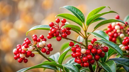 Obraz premium Ardisia japonica: Minimalist Beauty of White Blooms and Red Berries in Nature