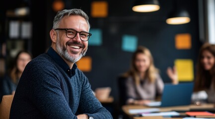 Team of business professionals having a work meeting in the office. Group of happy young people analyzing marketing data and developing new strategies.