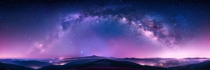 Milky Way arch. Fantastic night landscape with bright arched milky way, purple sky with stars, pink...