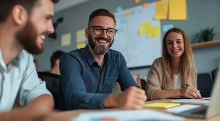 Team of business professionals having a work meeting in the office. Group of happy young people analyzing marketing data and developing new strategies.
