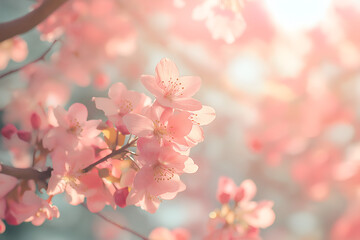Spring landscape with blooming flowers and warm natural light