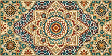 A vibrant and intricate mosaic design, showcasing a blend of geometric patterns and floral motifs, with a central mandala, in a palette of rich hues