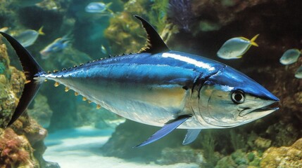 A vibrant bluefin tuna swimming in a coral reef environment.