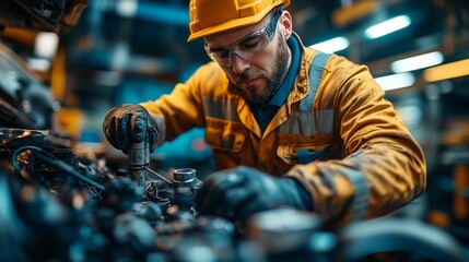 A technician in a yellow safety helmet repairs engine parts in a workshop, focusing intently on his task. The environment is brightly lit, showcasing tools and machinery.