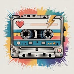 Vibrant retro cassette tape with heart and lightning bolt design symbolizing love and music nostalgia in a colorful artistic style