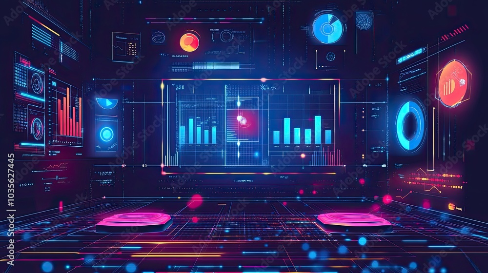 Poster futuristic digital interface with data visualizations and platforms
